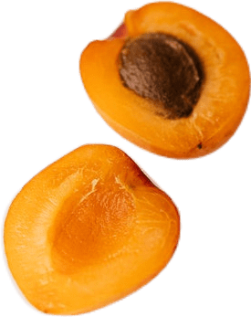 Two halves of a cut-open light-orange apricot, with a brown seed inside.