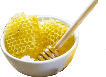 A white bowl full of yellow beeswax honeycombs and honey.