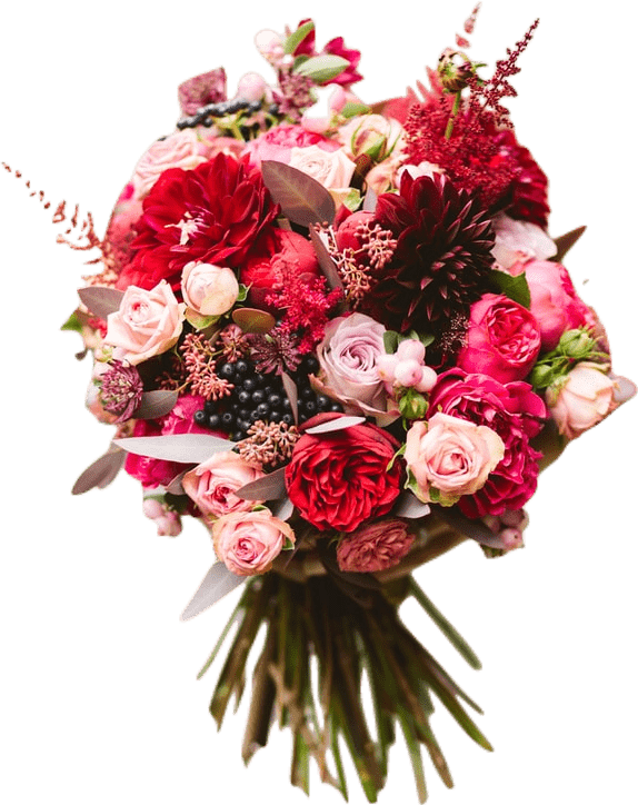 A large bouquet of many kinds of flowers in various shades of pink, including roses, peonies, and chrysanthemums.
