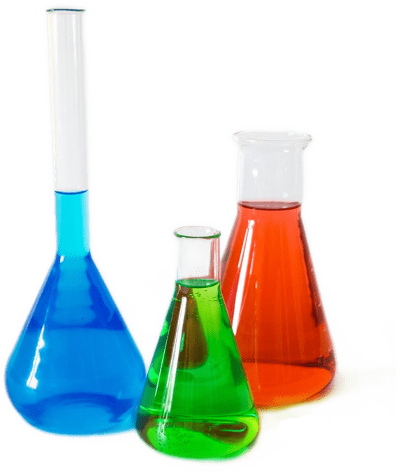 Three bottles of colorful chemicals.