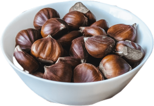 A white bowl of fresh brown chestnuts.