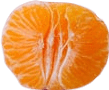 Half of an unwrapped clementine, the smallest kind of mandarin orange.