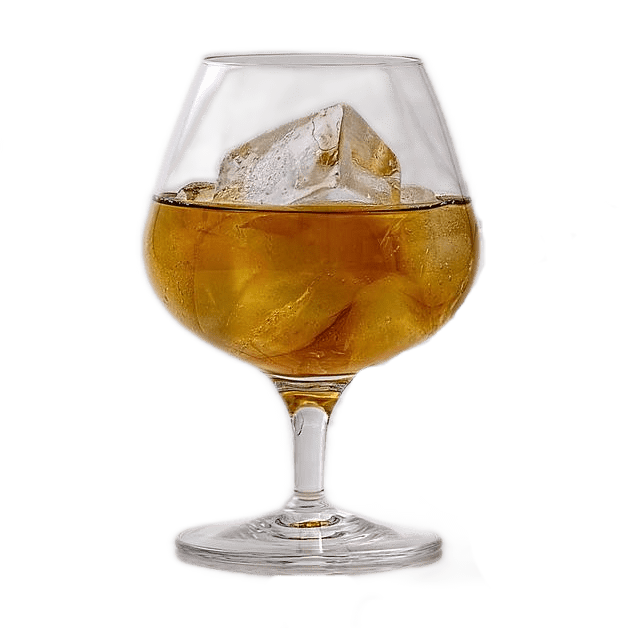 A cognac glass full of golden-colored cognac and large ice cubes.