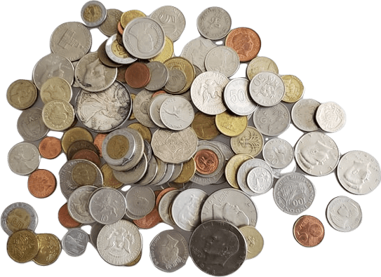 A collection of silver, gold, and bronze-colored coins from around the world, including euros and US and Canadian coins.