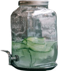 A large glass jar with a spigot filled with cool, chilled cucumber water.