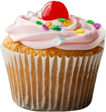 A vanilla cupcake topped with pink frosting, sprinkles, and a maraschino cherries.