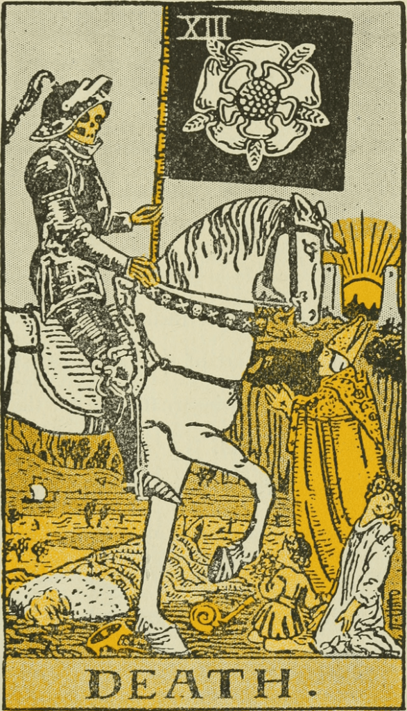 The death tarot card illustrated with an old-fashioned picture of a skeleton in a suit of armor on a horse with a black flag.