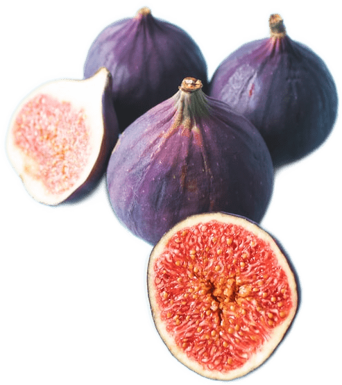 Four fresh purple figs. One is cut open, revealing a luscious vermillion-colored inside.