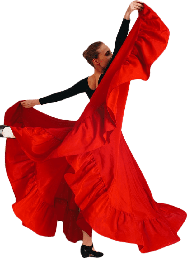 A woman wearing a flowing romantic full long red circle skirt, black top, and black dance shoes, posing with her arms raised over her head.