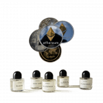 A collage of five Byredo fragrance bottles and a pile of coins marked with cryptocurrency symbols.