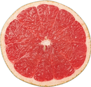 A cut-open ruby-colored half of a grapefruit.