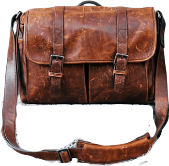 A weathered medium-brown leather messenger bag with buckles and straps.