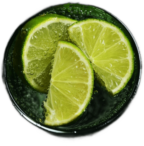Top-down view of a dark green glass full of effervescent water, light green lime slices, and small air bubbles.
