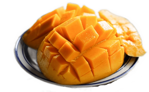 A white and navy striped plate of cut and diced mangos.