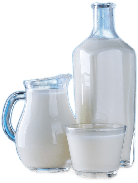 A glass pitcher, tall bottle, and wide-rimmed glass, all filled to the brim with milk.