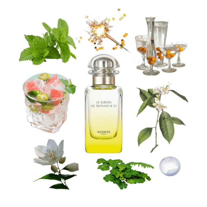 A collage of Le Jardin de Monsieur Li by Hermès and some of its notes, including kumquat, mint, cool water, and jasmine.