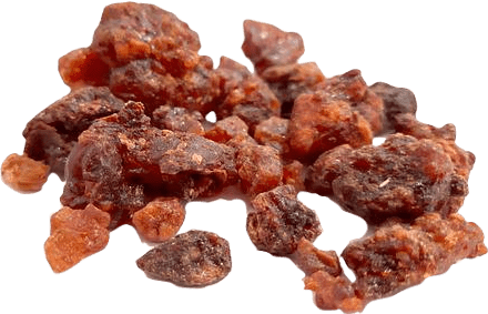 A pile of small reddish-brown pebbles of myrrh resin.