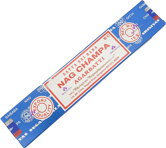 A blue box of Indian Nag Champa incense, made with sandalwood and champaca or frangipani.