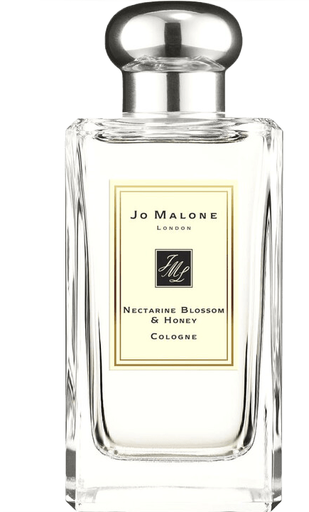 Jo Malone's Nectarine Blossom & Honey Eau de Cologne in a clear rectangular bottle with a silver cap and cream-colored label.