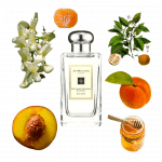 Nectarine Blossom & Honey Eau de Cologne by Jo Malone London Review A collage of Nectarine Blossom & Honey by Jo Malone London and its notes, including nectarine and black locust flowers.