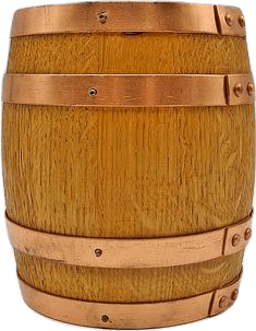 A honey-colored oak wood barrel held together by strips of copper.