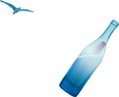 A rolled paper message in a glass bottle in the ocean, with a seagull flying overhead.