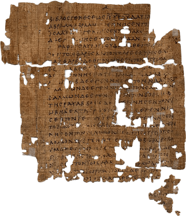 A medium brown tattered piece of papyrus paper covered in black ancient cuneiform lettering.