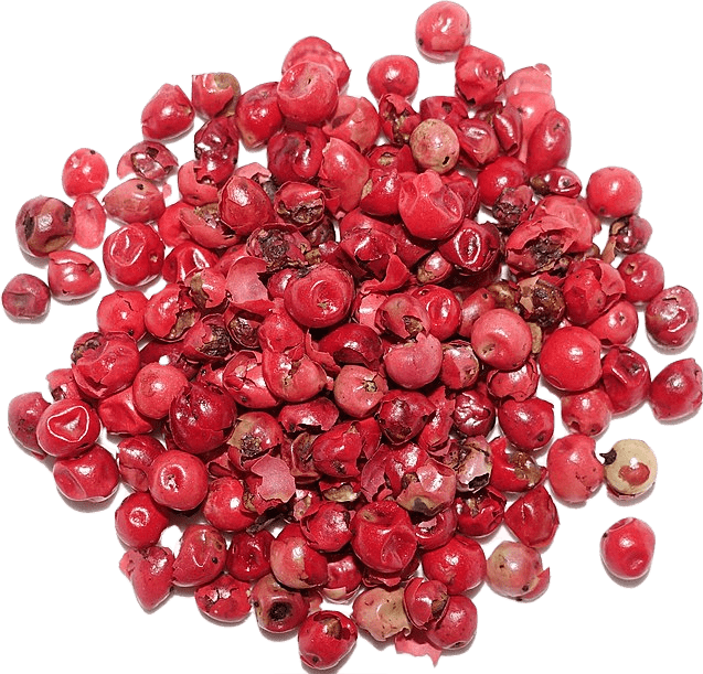 A pile of dried medium-red-colored pink peppercorns.