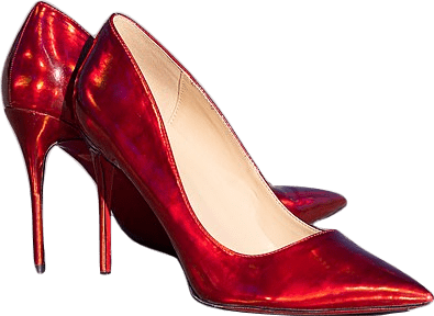 A pair of red shiny high heeled shoes.