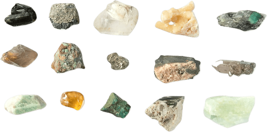 A spread of fifteen unpolished mineral gemstones, including several kinds of quartz, pyrite, emerald, obsidian, and topaz.