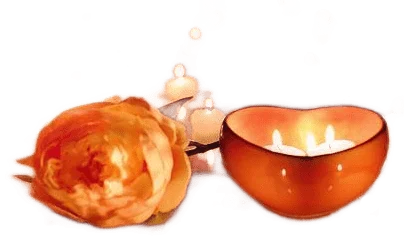 A soft orange-colorred rose lying next to a series of small lit tea candles. Two of them are in a heart-shaped orange dish.