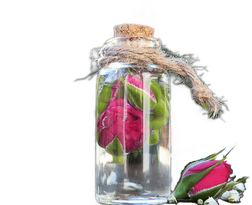 A bottle of water with a rose in it, wound with twine.
