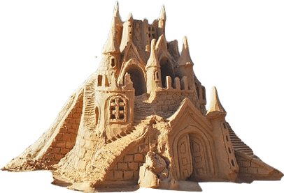 An impressively Baroque, ostentatious tan-colored sandcastle, featuring numerous turrets and windows and textured bricks.