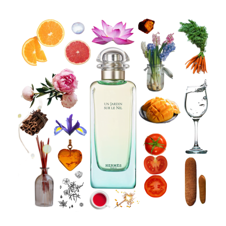 A collage of Un Jardin Sur Le Nil by Hermes and its notes, including mango, lotus, iris, amber, orange, carrot, and hyacinth.