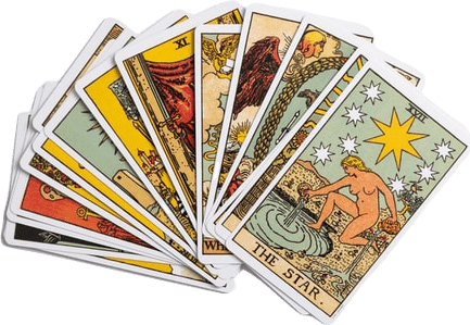 A pile of tarot cards fanned out, decorated with old-fashioned muted-tone illustrations. The star card is on top.