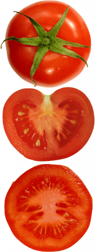 A red tomato, and two halves of other tomatoes, sliced vertically and horizontally to show its cross-sections.
