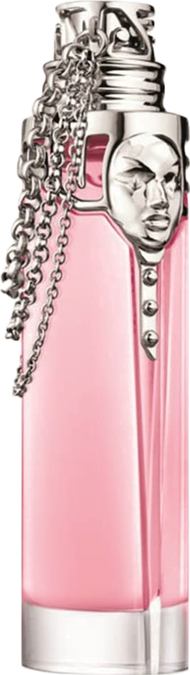 Thin glass vial with dramatic metal top with silver chains and faces, filled with pink Womanity Eau de Parfum by Mugler.