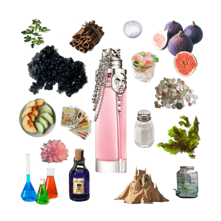 A collage of Womanity by Mugler alongside its prominent scent notes, vibes, and accords, including caviar, melons, and figs.