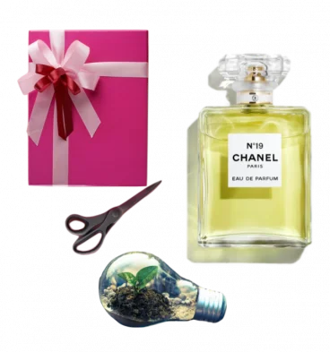 Collage of a bottle of yellow-green Chanel No. 19, a pink wrapped gift box, a pair of scissors, and a plant in a lightbulb.