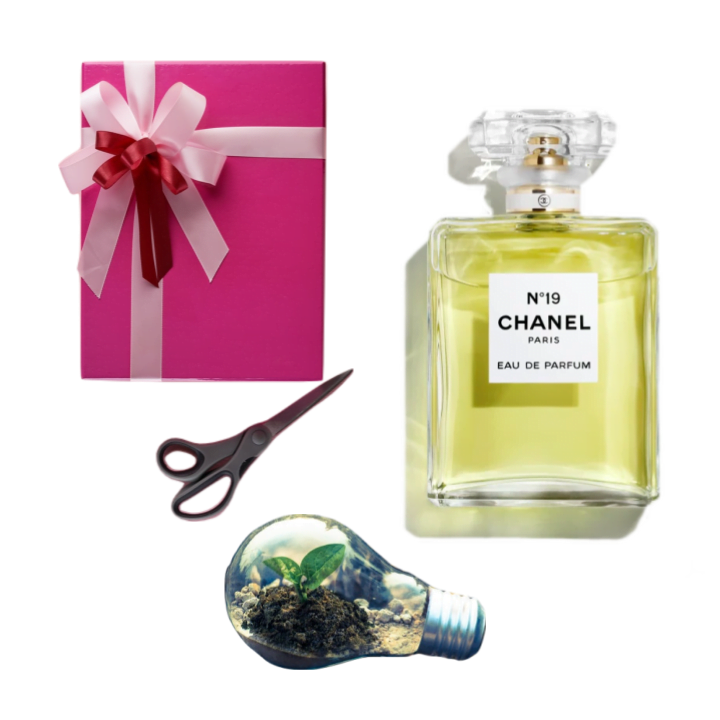 Collage of a bottle of yellow-green Chanel No. 19, a pink wrapped gift box, a pair of scissors, and a plant in a lightbulb.