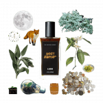 A collage of Devil's Nightcap by Lush and its notes, including oakmoss, orange blossom, ylang-ylang, oak, and clary sage.