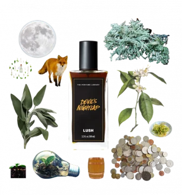 A collage of Devil's Nightcap by Lush and its notes, including oakmoss, orange blossom, ylang-ylang, oak, and clary sage.