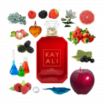 Eden Juicy Apple | 01 Eau de Parfum by Kayali Review A collage of Eden Juicy Apple Eau de Parfum by Kayali and its notes, including apple, berries, oakmoss, and ambroxan.