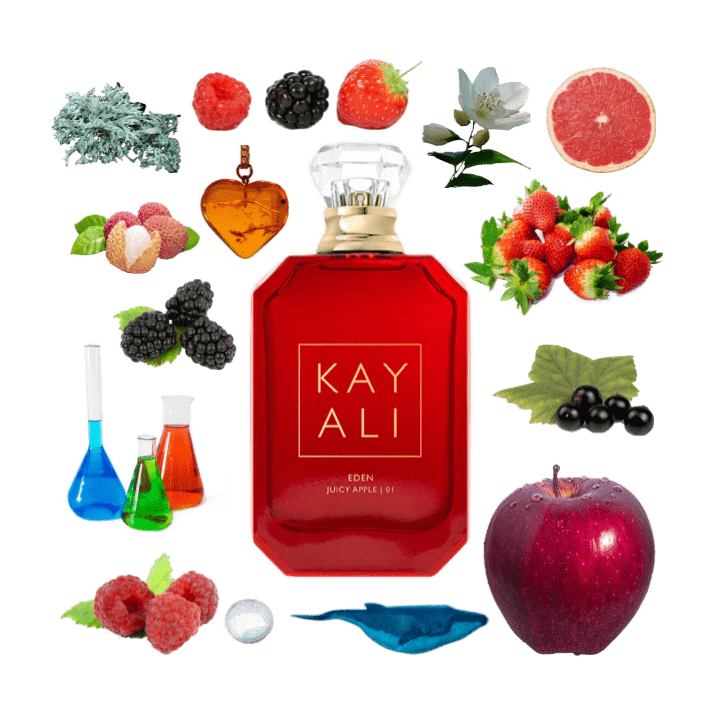 A collage of Eden Juicy Apple Eau de Parfum by Kayali and its notes, including apple, berries, oakmoss, and ambroxan.