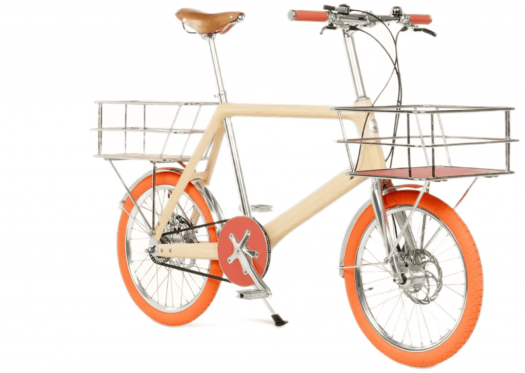 A wooden pedal bicycle with orange tires.