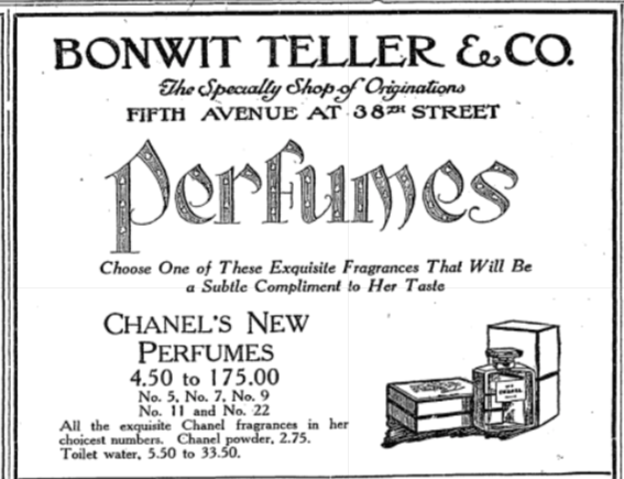 A vintage grayscale print advertisement. Text: Bonwit Teller & Co Chanel's New perfumes No. 5 No. 7 No. 9 No. 11 and No. 22.