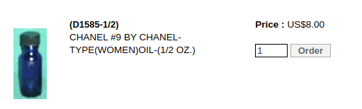 Screenshot of a listing for Chanel #9 Chanel Oil in a small blue glass bottle for #8.00.