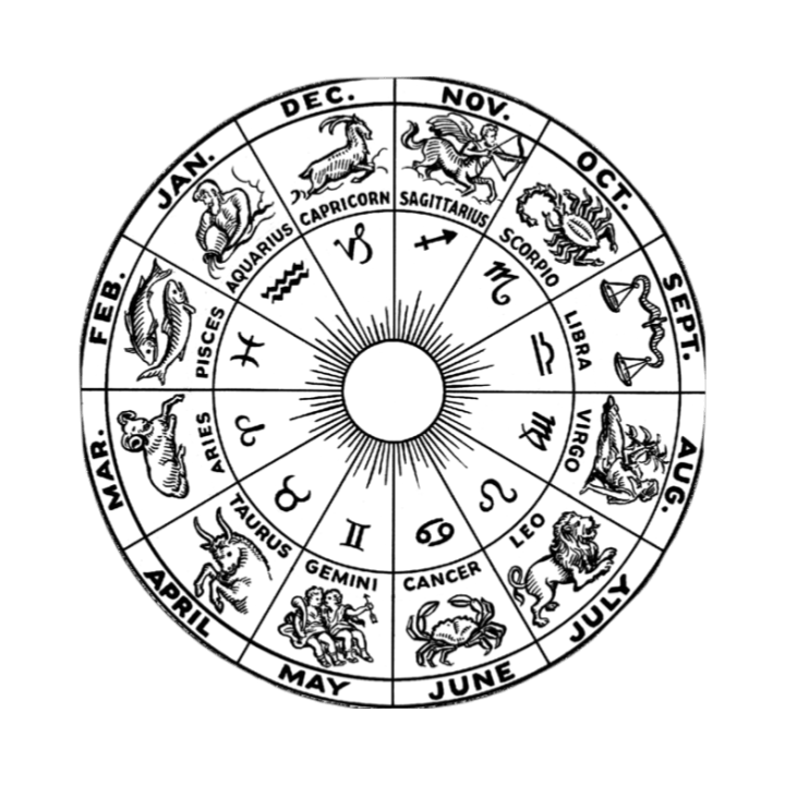 A circular diagram depicting the twelve zodiac signs, their symbols, and associated animals.