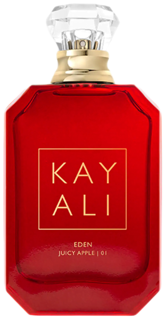 Octagonal red glass bottle with a gem-shaped top filled with Eden Juicy Apple 01 Eau de Parfum by Kayali.