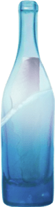 An upright blue glass bottle containing a white piece of paper floating in the sea.